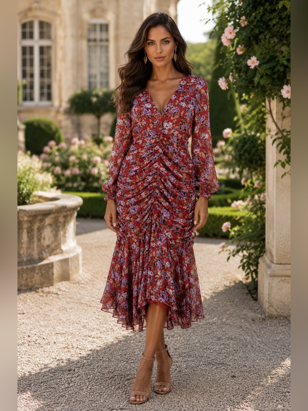 🩷Ruched V-Neck Floral Midi Dress in Red Floral